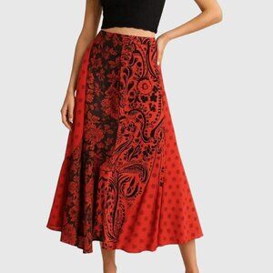 Topshop Mixed Print Midi Skirt - Black & Red - NWT